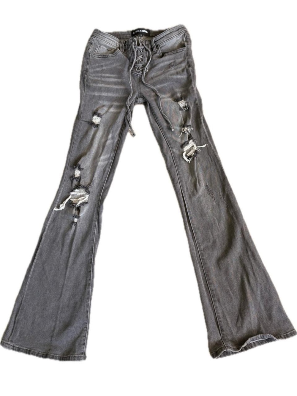 Fashion Nova Grey Distressed Lace-Up Flare Jeans